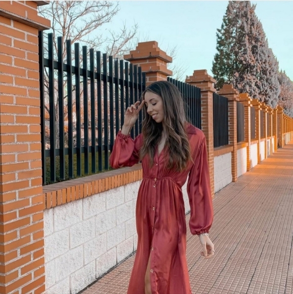 Zara Dresses & Skirts - Zara Womens Satin Effect Midi Shirt Dress Marsala Size M